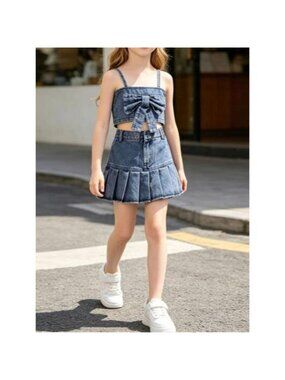 Children's Denim Bowknot Crop Top and Pleated Skirt Set
